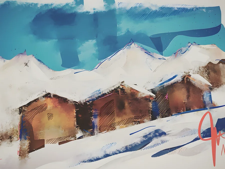 Stille über Bürchen — Verwitterte Holzhütten stehen im Schnee, dahinter weisse Gipfel und ein türkiser Himmel, warmes Braun gegen die kalte Weite gesetzt – die Bergwelt von Bürchen im Wallis. · Digitale Fingermalerei von Christoph Lisibach