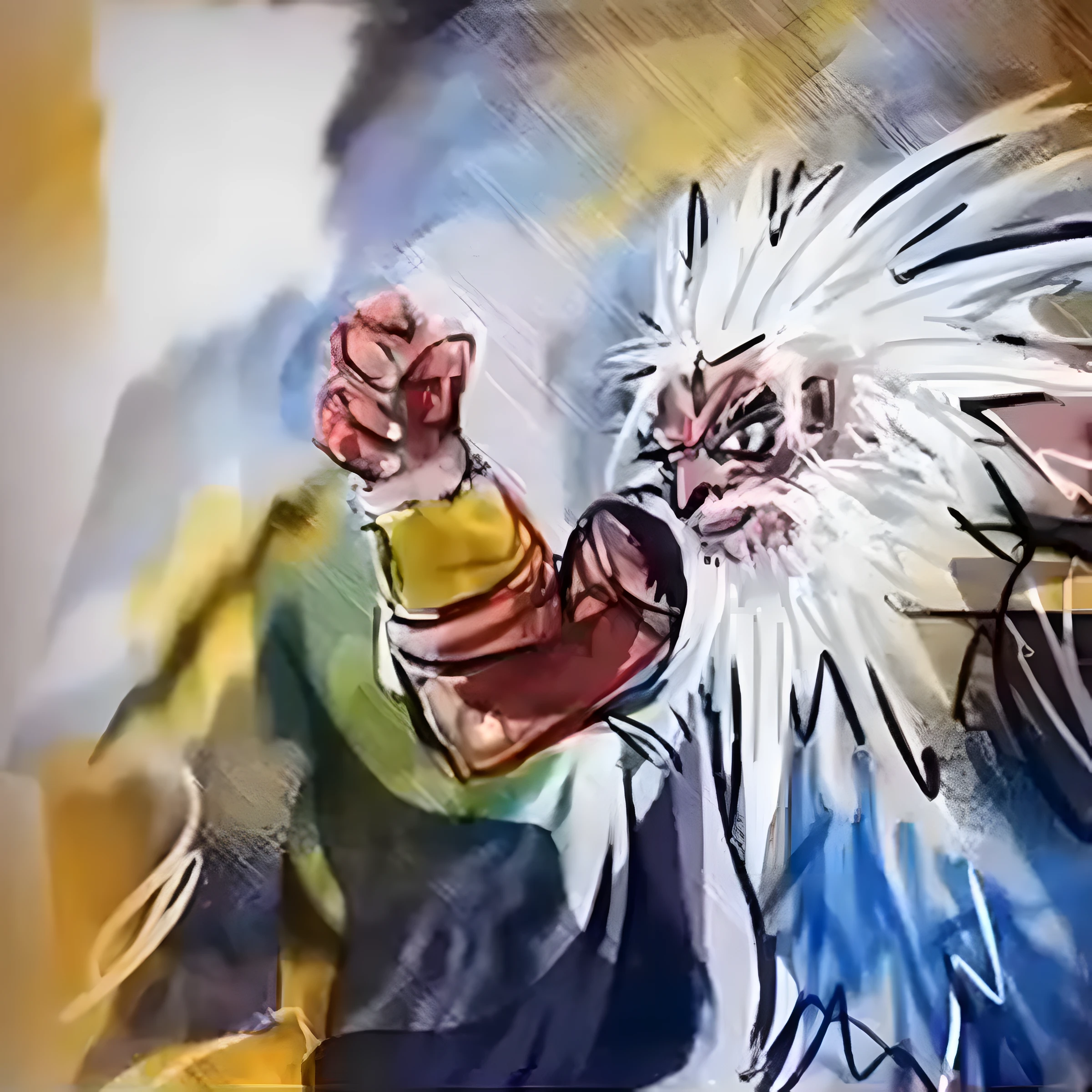Ungebrochene Faust — Mit wildem weissem Haar und Bart reckt der greise Kämpfer die Faust, Zorn und ungebrochene Kraft in goldenen Armreifen und blauen Gewändern. · Digitale Fingermalerei von Christoph Lisibach
