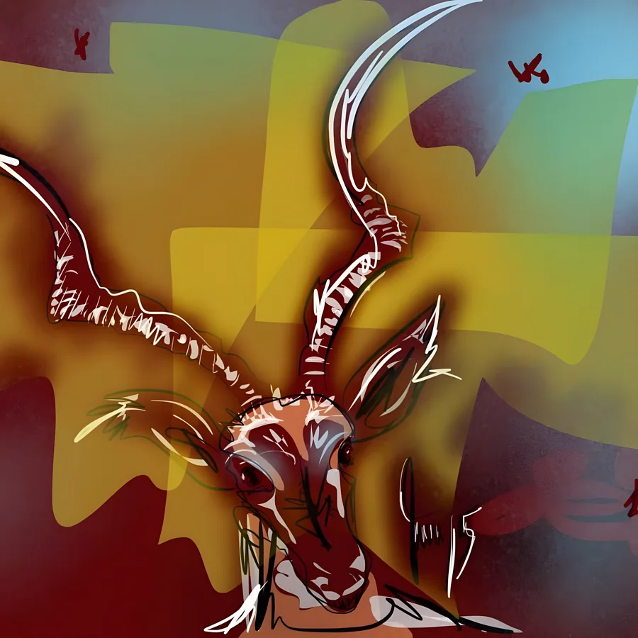 Klingen aus Horn — Die Antilope blickt aus dem Bild heraus, ihre lang geschwungenen, geriffelten Hörner in weissen Linien über ruhige Ocker-Farbfelder gezogen. · Digitale Fingermalerei von Christoph Lisibach