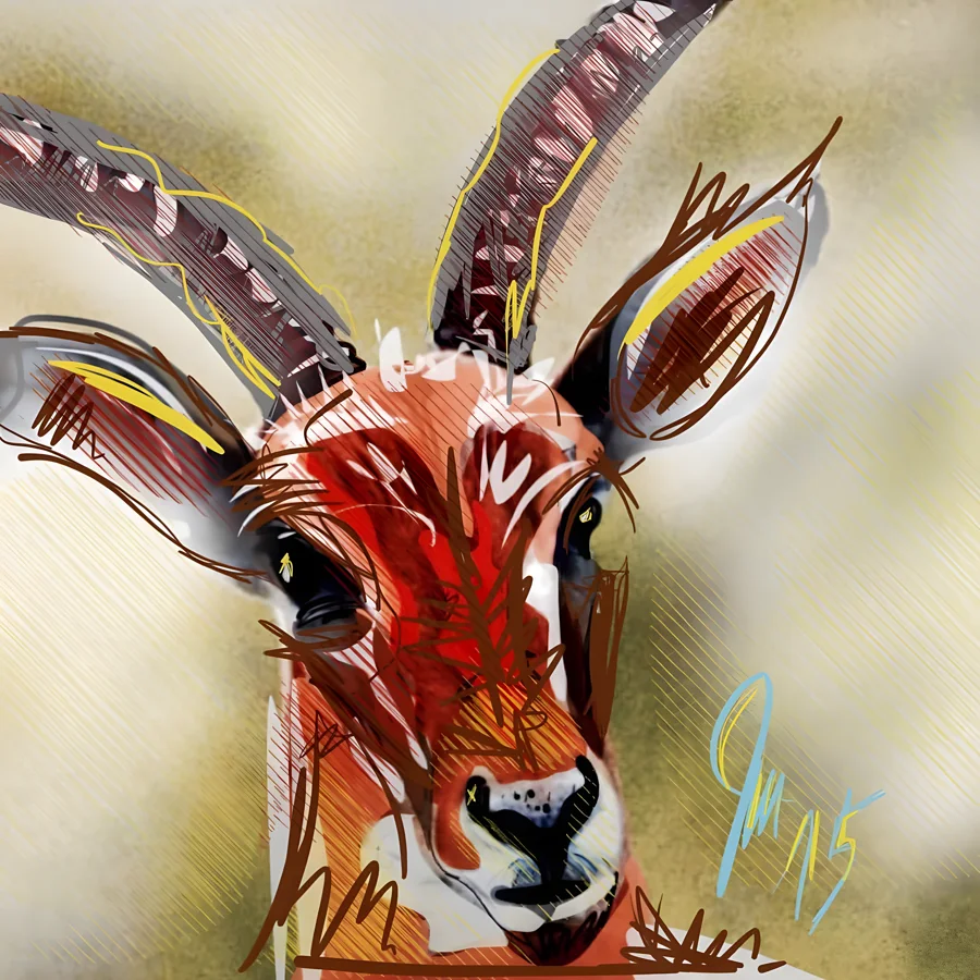 Glut — Frontal und nah rückt die Antilope ins Bild, das Gesicht in glühendem Rot-Orange, die geriffelten Hörner von gelben Akzenten begleitet. · Digitale Fingermalerei von Christoph Lisibach