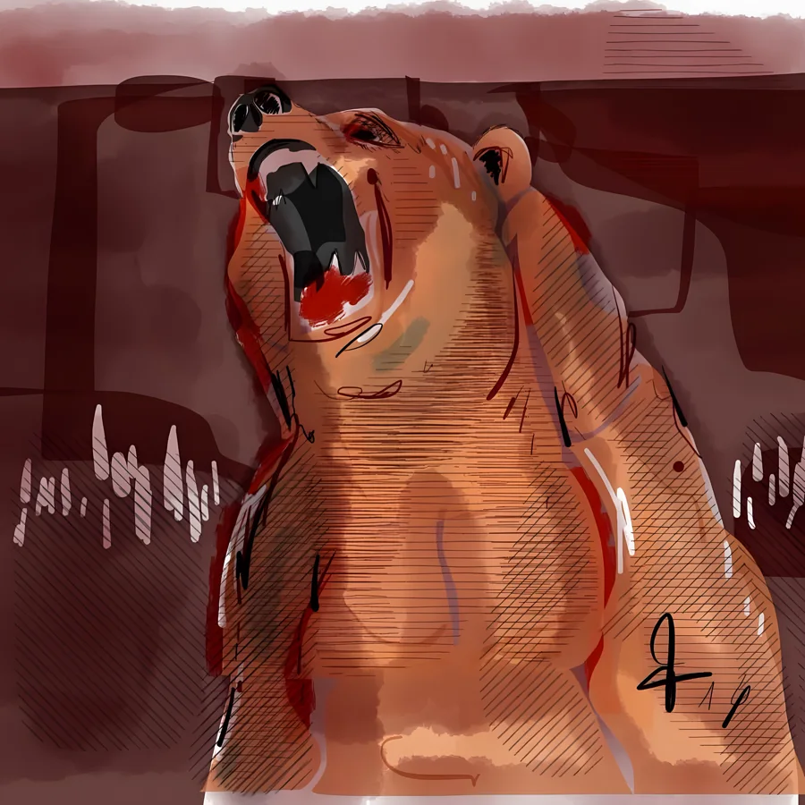 Urgewalt — Der Braunbär reisst den Kopf zurück und brüllt, sein Fell in warmem Braun und Ocker aufgelöst in energische Schraffuren. · Digitale Fingermalerei von Christoph Lisibach