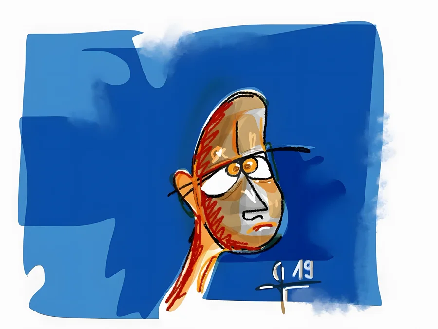 Der Mann mit der Brille — Ein markanter Männerkopf mit Brille, gebaut aus kräftigen Linien und warmen Ockertönen auf leuchtendem Blau, fast comichaft und doch von grosser Präsenz. · Digitale Fingermalerei von Christoph Lisibach