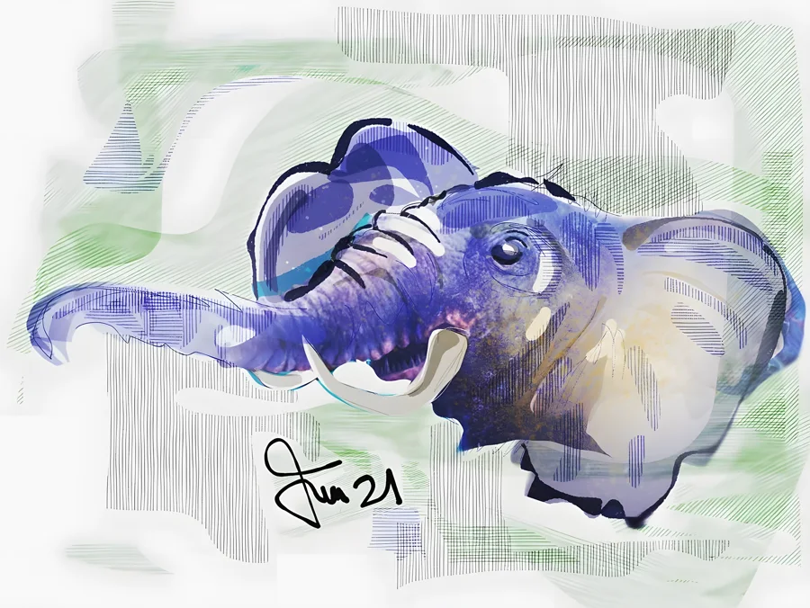 Koloss in Blau — In kühlem Blau und Violett steigt der Elefant aus dem Weiss des Grundes, getragen von fliessenden Aquarellstrichen und zarten grünen Akzenten. · Digitale Fingermalerei von Christoph Lisibach