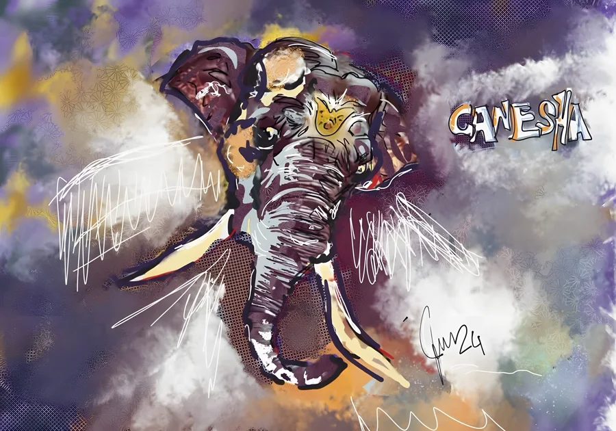 Aus dem Wolkenmeer — Aus einem wogenden Meer violetter und goldener Wolken steigt Ganesha empor, der Rüssel in wilden weissen Linien aufgeworfen, das ganze Bild von spiritueller Energie durchpulst. · Digitale Fingermalerei von Christoph Lisibach