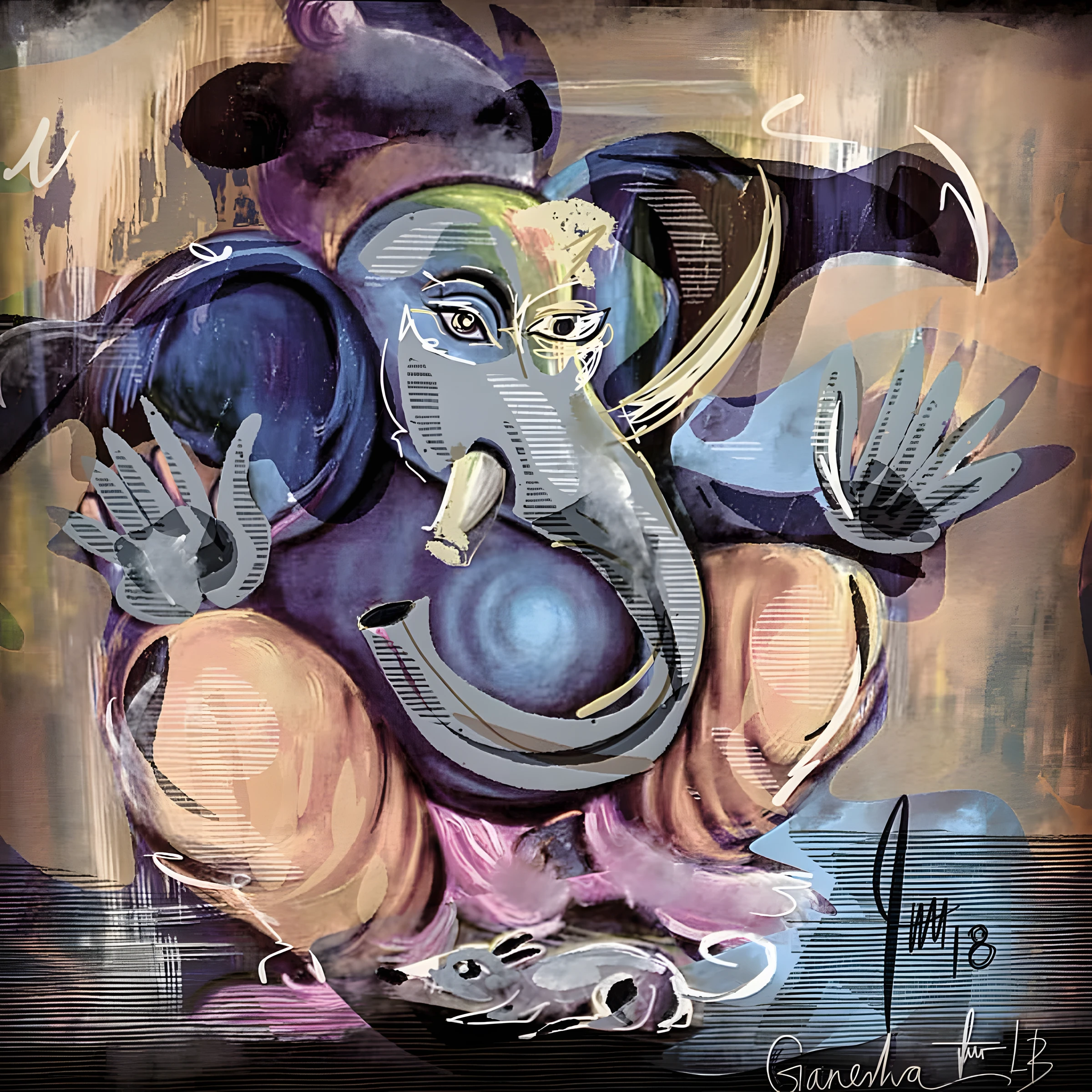 Der Schwellenhüter — Der elefantenköpfige Gott mit erhobenen Händen, begleitet von seiner treuen Maus, leuchtet in sattem Violett, Blau und Gold. · Digitale Fingermalerei von Christoph Lisibach