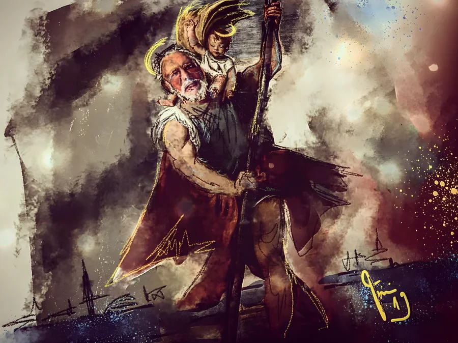 Last im Nebel — Gebeugt unter seiner Last stemmt sich Christophorus mit dem Stab durch Nebel und Wasser, das Christuskind ein leuchtender Punkt im Dunst. · Digitale Fingermalerei von Christoph Lisibach
