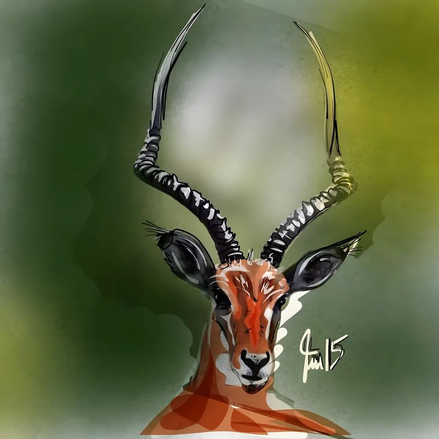 Gespannte Sehne — Aufmerksam blickt das Impala aus dem Bild, die geschwungenen Leierhörner in klarem Schwarz-Weiss vor warmem Rostorange. · Digitale Fingermalerei von Christoph Lisibach