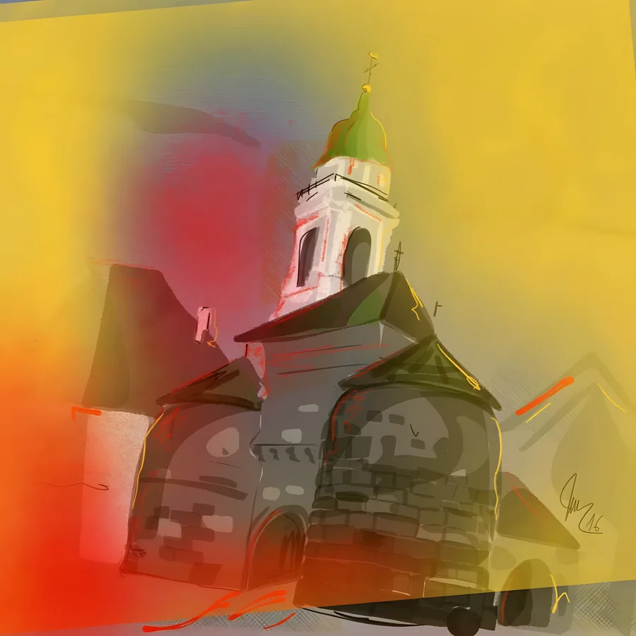 St. Ursen im Abendrot — Der grün gedeckte Barockturm der Kirche steht in warmen Rot- und Gelbtönen vor glühendem Himmel – die St.-Ursen-Kathedrale, Wahrzeichen und Sehnsuchtsmotiv des Heimwehsolothurners. · Digitale Fingermalerei von Christoph Lisibach
