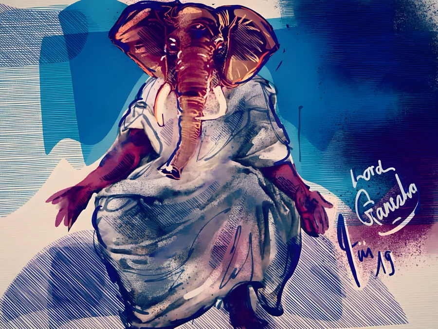 Der stille Gott — In ruhiger Würde steht Ganesha da, das fliessende weisse Gewand fein modelliert vor kühlem Blau. · Digitale Fingermalerei von Christoph Lisibach