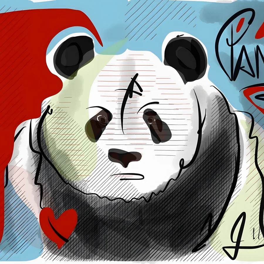 Schattenbär — In feinen Schraffuren aus Schwarz und Weiss sitzt der Panda, ein kleines rotes Herz als einziger Farbakzent. · Digitale Fingermalerei von Christoph Lisibach