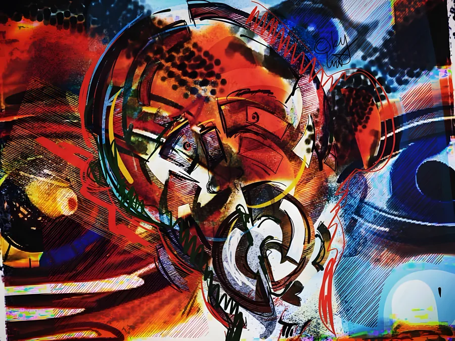 Gesicht im Chaos — In einem Wirbel aus Rot, Blau und Ocker, durchzogen von schwarzen Linien, schält sich beinahe ein Gesicht heraus. · Digitale Fingermalerei von Christoph Lisibach