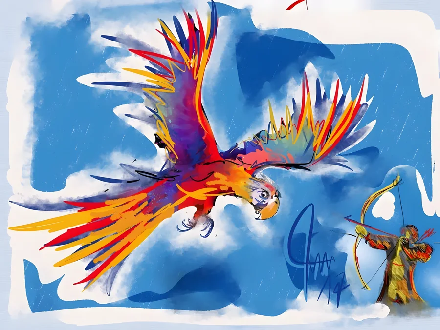 Prisma im Sturzflug — In Regenbogenfarben stösst der Adler durch den blauen Himmel, während am Rand ein kleiner Bogenschütze zielt. · Digitale Fingermalerei von Christoph Lisibach