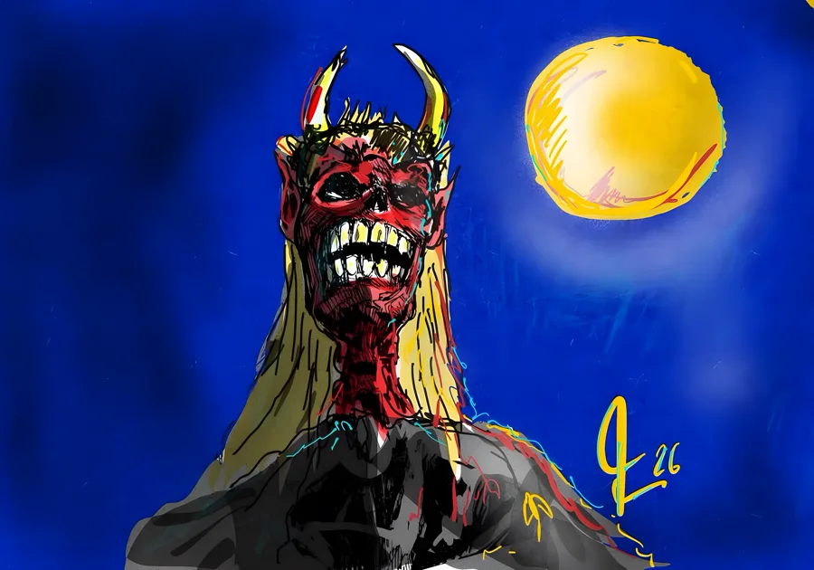 Trotz unter kaltem Mond — Unter kaltem Vollmond bäumt sich eine dämonische Gestalt auf, glühende Rottöne stemmen sich gegen das Nachtblau. · Digitale Fingermalerei von Christoph Lisibach
