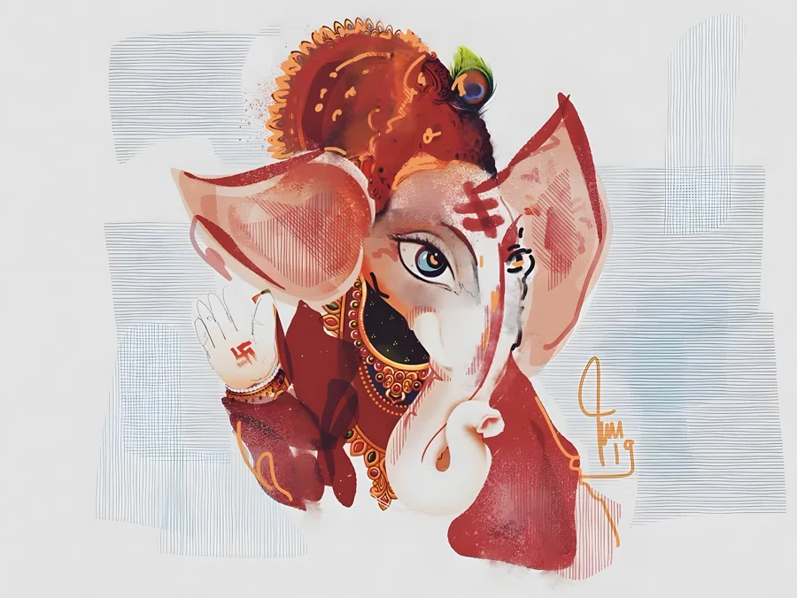 Segnende Hand — Ein feingliedriges Bildnis Ganeshas mit verzierter Krone und Pfauenfeder, die Hand zum Segen erhoben, gehalten in warmen Rot- und Erdtönen. · Digitale Fingermalerei von Christoph Lisibach