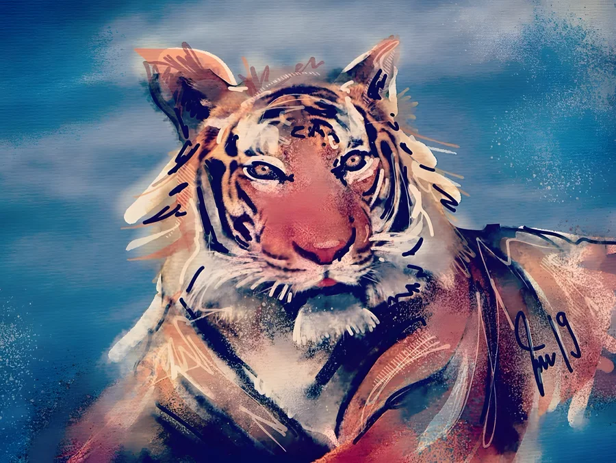 Auge des Jägers — Aus nassen, verlaufenden Aquarellstrichen in warmem Orange und Schwarz löst sich der Kopf des Tigers, der den Betrachter direkt ansieht. · Digitale Fingermalerei von Christoph Lisibach