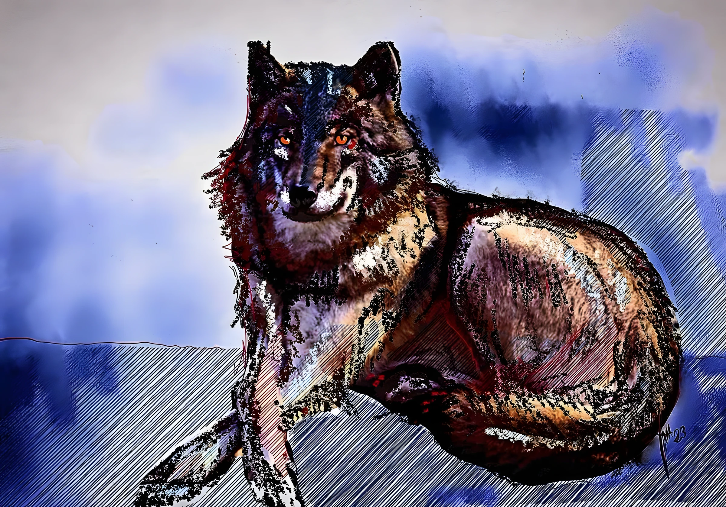 Der Lauernde — Ruhend und doch bis in die Fasern gespannt liegt der Wolf, seine bernsteinfarbenen Augen fest auf den Betrachter gerichtet. · Digitale Fingermalerei von Christoph Lisibach