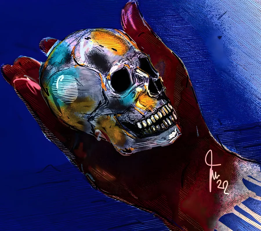 Alas, poor Yorick — In offener Hand ruht der Schädel in Türkis, Gold und Violett vor Blau – ein zeitgenössisches Memento mori, das an Hamlets Klage über den einst so lebendigen Yorick anklingt. · Digitale Fingermalerei von Christoph Lisibach