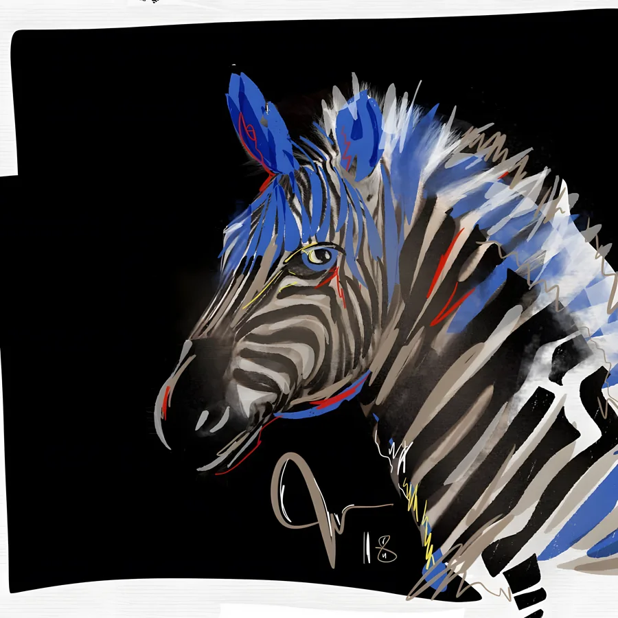 Hochspannung — Aus tiefem Schwarz formt sich das Zebra, die Mähne in elektrischem Blau, dazwischen leuchtende rote Akzente und schwungvolle Striche. · Digitale Fingermalerei von Christoph Lisibach